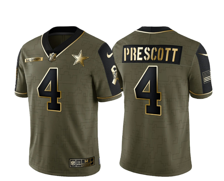 Men's Dallas Cowboys #4 Dak Prescott 2021 Olive Salute To Service Golden Limited Stitched Jersey Men's Dallas Cowboys #4 Dak Prescott 2021 Olive Salute To Service Golden Limited Stitched Jersey